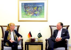 Federal Minister for Finance and Revenue, Senator Muhammad Aurangzeb holding a meeting with German Ambassador to Pakistan, H.E. Ms. Ina Lepel, at the Finance Division.