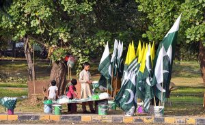 A roadside young vendor displays Pakistani flags along Faisal Avenue to attract customers as preparations for the country's Independence Day celebrations in the federal capital.