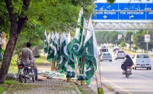 A roadside young vendor displays Pakistani flags along Faisal Avenue to attract customers as preparations for the country's Independence Day celebrations in the federal capital.