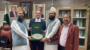 Federal Minister for Religious Affairs and Inter faith Harmony Sardar Muhammad Yousaf in a meeting with chairman Ruet Hilal committee Maulana Abdul Khabir Azad and International Inter-Faith scholar Dr. Leif Hetland.