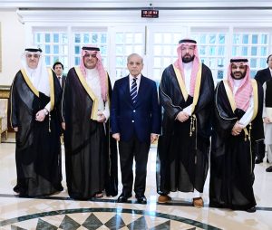 A high-level Saudi business delegation, led by Prince Mansour bin Mohammad Al Saud, Chairman of the Saudi-Pak Joint Business Council, call on Prime Minister Muhammad Shehbaz Sharif at the PM House.