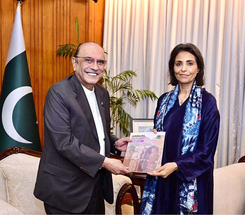 President Asif Ali Zardari receiving the Annual Report 2025 of the Federal Ombudsperson Secretariat for Protection against Harassment (FOSPAH) from Ombudsperson Ms. Fauzia Viqar at Aiwan-e-Sadr