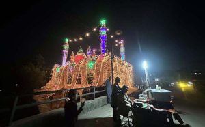 A captivating view of a mosque near Pir Wadhai, beautifully illuminated with colorful lights, which become a center of public attraction ahead of the 12th Rabi-ul-Awwal (Eid Milad-un-Nabi) celebrations.