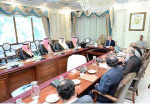 A high-level Saudi business delegation, led by Prince Mansour bin Mohammad Al Saud, Chairman of the Saudi-Pak Joint Business Council, call on Prime Minister Muhammad Shehbaz Sharif at the PM House.