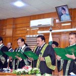 Chief Justice of the Balochistan High Court Muhammad Kamran Khan Malakhail administers the oath to newly appointed Additional Judges Muhammad Rauf Atta, Allah Dad Roshan and Abdul Qayyum Lehri during a ceremony