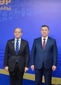 President of Kyrgyzstan H.E. Sadyr Nurgozhoevich Japarov welcomes Prime Minister Muhammad Shehbaz Sharif upon his arrival at the inaugural ceremony of 6th World Nomad Games.