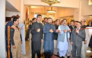 Chief Minister Balochistan Mir Sarfraz Bugti inaugurates the calligraphy exhibition “Rasool-e-Rehmat (PBUH)” by artist Wasil Shahid at a local hotel