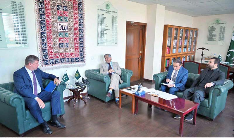 Federal Minister for Law, Justice and Human Rights Senator Azam Nazeer Tarar in a meeting with H.E. Raimundas Karoblis, Ambassador of the European Union to Pakistan at the Ministry of Law, Justice and Human Rights