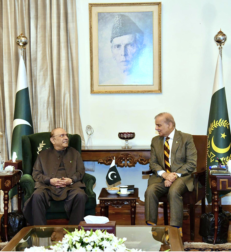 President Asif Ali Zardari talking to Prime Minister Muhammad Shehbaz Sharif, who met him at Aiwan-e-Sadr