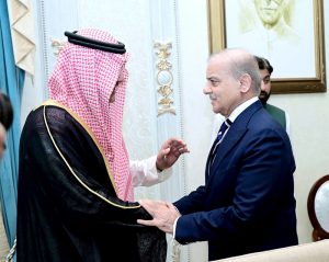 A high-level Saudi business delegation, led by Prince Mansour bin Mohammad Al Saud, Chairman of the Saudi-Pak Joint Business Council, call on Prime Minister Muhammad Shehbaz Sharif at the PM House.