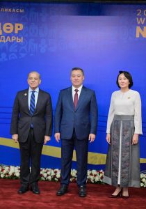 President of Kyrgyzstan H.E. Sadyr Nurgozhoevich Japarov welcomes Prime Minister Muhammad Shehbaz Sharif upon his arrival at the inaugural ceremony of 6th World Nomad Games.