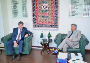 Federal Minister for Law, Justice and Human Rights Senator Azam Nazeer Tarar in a meeting with H.E. Raimundas Karoblis, Ambassador of the European Union to Pakistan at the Ministry of Law, Justice and Human Rights