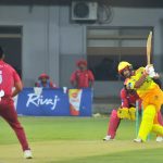 Pakistan Greens batter Omair Bin Yousuf plays an aggressive shot while chasing a 342-run target against Pakistan Gold during the final of the National Champions Cup 2026–27 at Multan Cricket Stadium