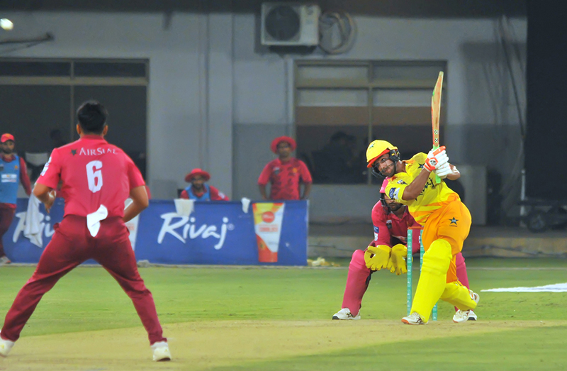 Pakistan Greens batter Omair Bin Yousuf plays an aggressive shot while chasing a 342-run target against Pakistan Gold during the final of the National Champions Cup 2026–27 at Multan Cricket Stadium