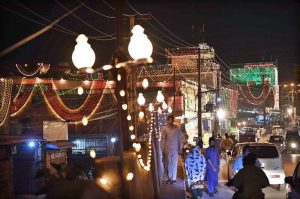 A captivating view of a mosque near Pir Wadhai, beautifully illuminated with colorful lights, which become a center of public attraction ahead of the 12th Rabi-ul-Awwal (Eid Milad-un-Nabi) celebrations.