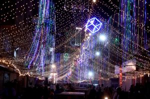 Chagla Street in Kharadar is beautifully illuminated with colourful lights ahead of Eid Milad-un-Nabi (PBUH) celebrations.