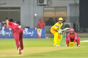 Pakistan Greens batter Omair Bin Yousuf plays an aggressive shot while chasing a 342-run target against Pakistan Gold during the final of the National Champions Cup 2026–27 at Multan Cricket Stadium