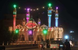 A captivating view of a mosque near Pir Wadhai, beautifully illuminated with colorful lights, which become a center of public attraction ahead of the 12th Rabi-ul-Awwal (Eid Milad-un-Nabi) celebrations.