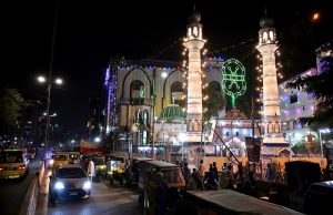 Chagla Street in Kharadar is beautifully illuminated with colourful lights ahead of Eid Milad-un-Nabi (PBUH) celebrations.