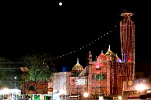 An illuminated view of a mosque during Eid-e-Milad-un-Nabi celebrations, the birthday of Prophet Muhammad (PBUH)