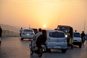 An eye-catching view of the sunset on the horizon in the city