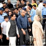 Speaker National Assembly, Ayaz Sadiq along with Federal Interior Minister Mohsin Naqvi arrive to witness the Islamabad City Parade -2026 at D-Chowk as part of the 79th Independence Day celebrations, observed across the country with traditional zeal and fervor