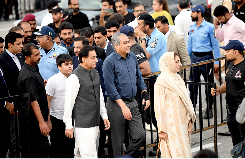 Speaker National Assembly, Ayaz Sadiq along with Federal Interior Minister Mohsin Naqvi arrive to witness the Islamabad City Parade -2026 at D-Chowk as part of the 79th Independence Day celebrations, observed across the country with traditional zeal and fervor