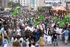 A large number of people participating in main procession of Eid Milad-un-Nabi, the birth anniversary of Holy Prophet Muhammad (PBUH) at M.A Jinnah Road near Numaish Chowrangi