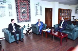 Federal Minister for Law, Justice and Human Rights Senator Azam Nazeer Tarar meets Member of the European Parliament Ondřej Dostál at the Ministry of Law, Justice and Human Rights. Minister of State for Law, Justice and Human Rights Barrister Aqeel Malik is also present