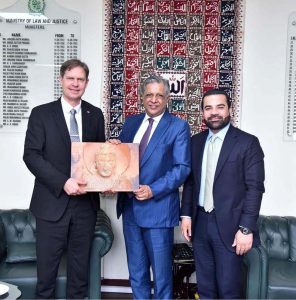 Federal Minister for Law, Justice and Human Rights Senator Azam Nazeer Tarar meets Member of the European Parliament Ondřej Dostál at the Ministry of Law, Justice and Human Rights. Minister of State for Law, Justice and Human Rights Barrister Aqeel Malik is also present