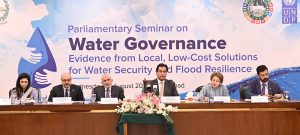 Speaker National Assembly Sardar Ayaz Sadiq addressing Parliamentary Seminar on Water Governance "Evidence from Local, Low Cost Solutions for Water Security and Flood Resilience" hosted by SDGs Secretariat at Parliament House