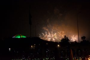 An eye-catching view of fireworks illuminating the night sky over the Federal Capital at midnight during celebrations marking the 79th Independence Day of Pakistan.