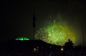 An eye-catching view of fireworks illuminating the night sky over the Federal Capital at midnight during celebrations marking the 79th Independence Day of Pakistan.