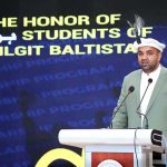 Punjab Education Minister Sikandar Hayat addresses a ceremony of distribution cheques under the “Chief Minister Honhaar Scholarship” programme at Karakoram International University
