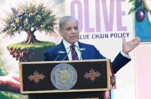 Prime Minister Muhammad Shehbaz Sharif addresses a ceremony to launch Pakistan National Olive Value Chain Policy to harness the true potential of olive cultivation and processing.