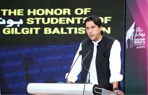 GB Minister for Education Aman Ali Amir addresses a ceremony held for the distribution of cheques under the “Chief Minister Honhaar Scholarship” programme at Karakoram International University