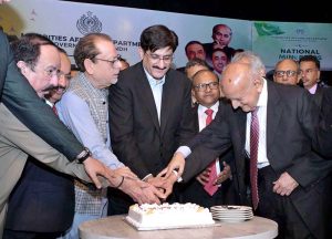 Sindh Chief Minister Syed Murad Ali Shah, accompanied by provincial ministers, Arts Council President Muhammad Ahmed Shah and other dignitaries during the National Minorities Day celebration organised by the Provincial Minorities Affairs Department at the Arts Council