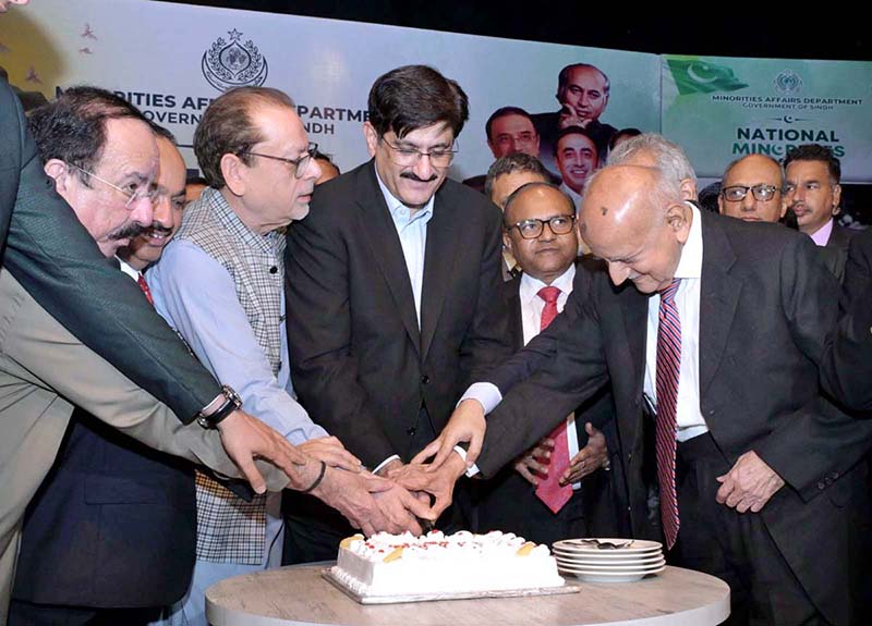 Sindh Chief Minister Syed Murad Ali Shah, accompanied by provincial ministers, Arts Council President Muhammad Ahmed Shah and other dignitaries during the National Minorities Day celebration organised by the Provincial Minorities Affairs Department at the Arts Council