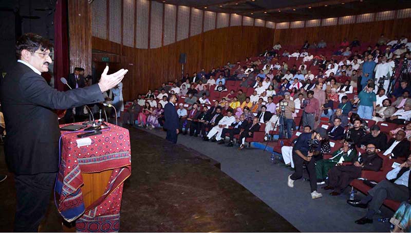 Sindh Chief Minister Syed Murad Ali Shah addresses the National Minorities Day celebration organised by the Provincial Minorities Affairs Department at the Arts Council