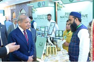 Prime Minister Muhammad Shehbaz Sharif visiting different stalls at the launch of Pakistan National Olive Value Chain Policy.