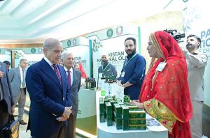 Prime Minister Muhammad Shehbaz Sharif visiting different stalls at the launch of Pakistan National Olive Value Chain Policy.