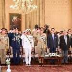 Chairman Senate Syed Yousuf Raza Gilani, Deputy Prime Minister and Foreign Minister Senator Muhammad Ishaq Dar, members of the Federal Cabinet, Chief of Defence Forces Field Marshal Syed Asim Munir, COAS; Chief of the Air Staff, Air Chief Marshal Zaheer Ahmed Baber Sidhu and Chief of the Naval Staff Admiral Naveed Ashraf stand in respect of the National Anthem at a Special Investiture Ceremony held at Aiwan-e-Sadr