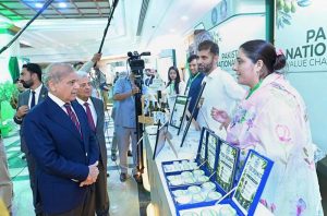 Prime Minister Muhammad Shehbaz Sharif visiting different stalls at the launch of Pakistan National Olive Value Chain Policy.