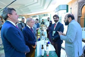 Prime Minister Muhammad Shehbaz Sharif visiting different stalls at the launch of Pakistan National Olive Value Chain Policy.