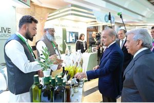 Prime Minister Muhammad Shehbaz Sharif visiting different stalls at the launch of Pakistan National Olive Value Chain Policy.
