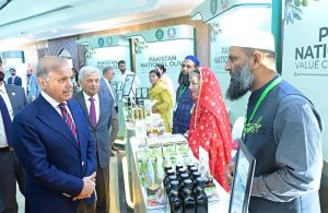 Prime Minister Muhammad Shehbaz Sharif visiting different stalls at the launch of Pakistan National Olive Value Chain Policy.