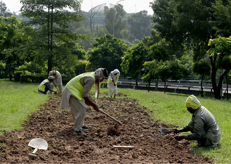 CDA workers prepare and till the soil along the lush green roadside greenbelt along Expressway