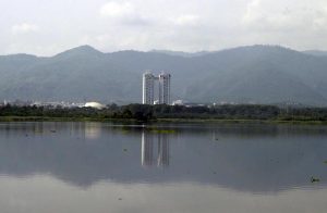 A view of Rawal Dam filled to capacity following monsoon rains in the Federal Capital.