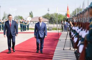 Prime Minister Muhammad Shehbaz Sharif receives a guard of honor upon his arrival at the Yntymak-Ordo (Palace of Unity).