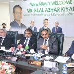 Minister of State for Finance & Revenue and Railways Bilal Azhar Kayani is addressing to the Lahore Chamber of Commerce & Industry